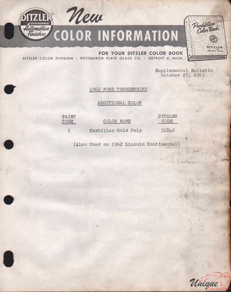 1962 Ford Paint Charts Thunderbrd PPG